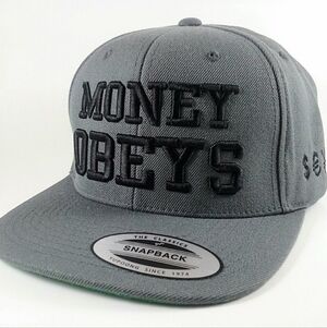 MONEY OBEYS Hip-Hop Black Snapback Hat 3D Embroidery Flat Bill Ball Cap Wealth.